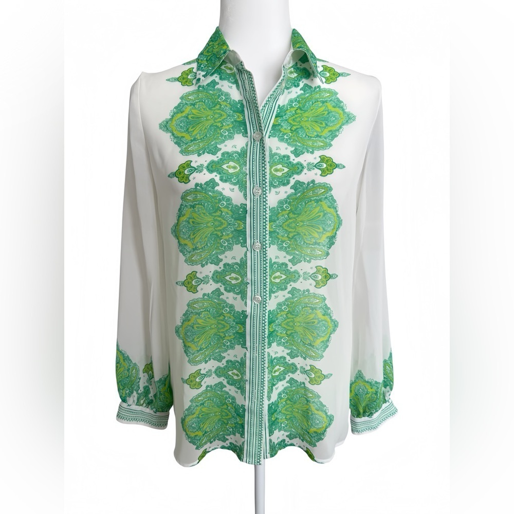 INC White Green Floral Scarf Print Blouse Women’s 4 Semi Sheer Button